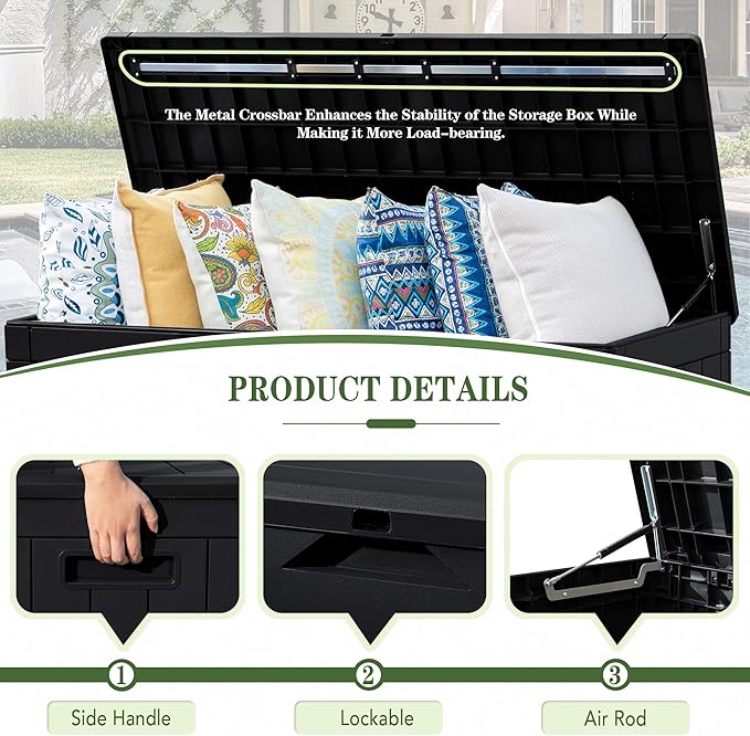 Greesum 100 Gallon Resin Deck Box Large Outdoor Storage, Imitation Rattan Weave Texture for Patio Furniture, Garden Tools, Pool Supplies, Weatherproof and UV Resistant, Lockable, Dark Black