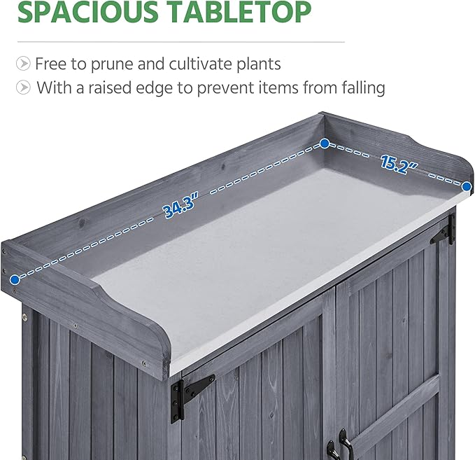 Yaheetech Garden Potting Bench Table, Outdoor Garden Horticultural Wooden Storage Cabinet & Solid Wood Planting Work Bench with Large Space Storage & Metal-Plated Tabletop, Gray