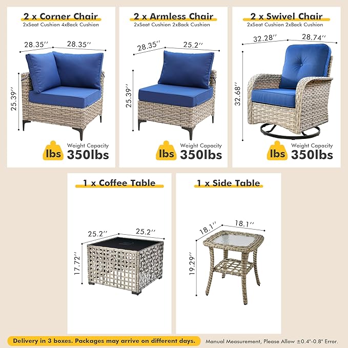 Outdoor Sectional Patio Furniture Set with Swivel Rocking Chairs and Glowing Table,8 Pieces Wicker Conversation Sets L Shaped Couch Out Door Sofa Outside Furniture for Garden Deck Yard Porch,Navy Blue