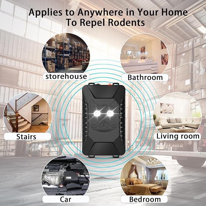 Tirgo Rodent Repeller Car Under Hood, Ultrasonic Mouse Repellent with Strobe Light, Plug-in Battery Powered Keep Mice Away from Cars Engines, Outdoors, Room, Indoors (Large)