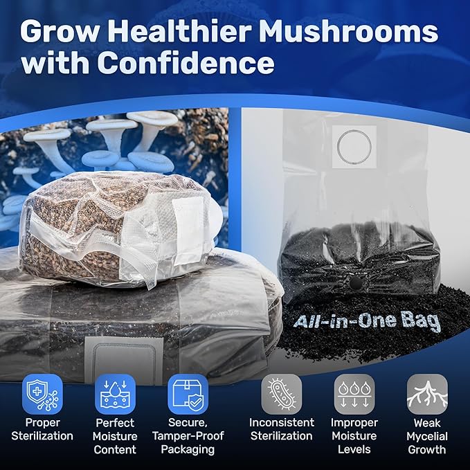 Surfin' Spores All-in-One Mushroom Grow Kit | 6 lb Grow-in-Bag Kit/Monotub Refill | Includes: 2 lb Sterile Grain Bag with Injection Port & 4 lb Organic CVG Substrate | Spores Not Included