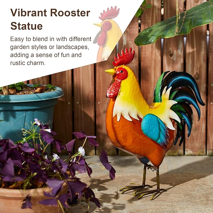 Glitzhome Metal Vibrant Standing Rooster Statue, Rustic Yard Signs 21 Inch Garden Rooster Sculpture for Farm Patio Lawn Porch Home Decor