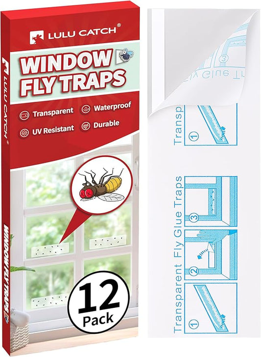 LULUCATCH Window Fly Traps, 12 Pack Fruit Fly Traps for Indoors, Sticky Gnat Traps Fly Catcher, Non-Toxic Flying Insect Trap, Pet Safe Pest Control for Home, Kitchen & Garage