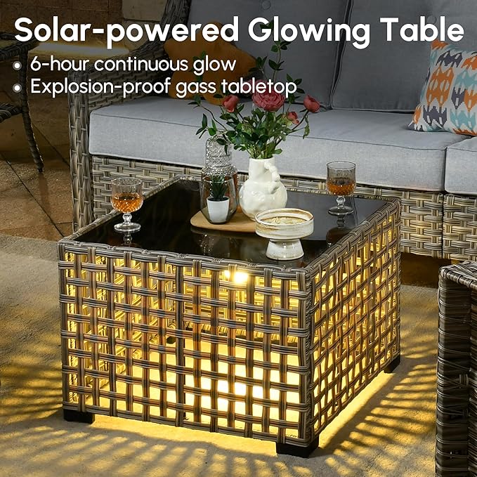 4 Pieces Patio Outdoor Furniture Set,All Weather Wicker Rattan Patio Seating Sofa and Chair Set w/ 3-Seater Sofa and Glowing Coffee Table,Outdoor Conversation Sets for Deck Yard Garden,Grey