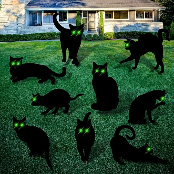 Blulu 9 Pcs Halloween Decorations Outdoor Black Cat Yard Signs with Stakes Scary Silhouette with Glow in The Dark Eyes Corrugated Plastic Waterproof Black Cat Decor for Garden Lawn Patio (Cats)