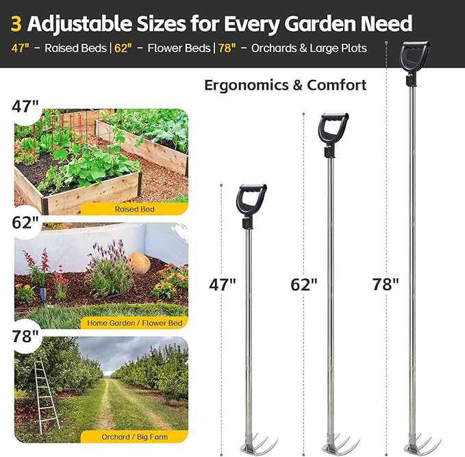 Potato Hand Rake Garden Tool - 47" Long Handle Cultivator Weeding Rakes, 3-Tine Heavy Duty Carbon Steel with D Grip for Grass Root Digging,Soil Loosening,Dirt Turning