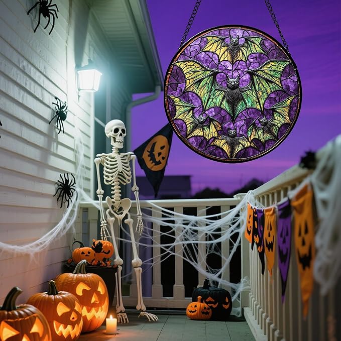 Stained Glass Window Hanging - Halloween Decorations Bats Suncatcher for Doors Garden Indoor Spooky Funny Purple Sun Catchers Gothic Decor Horror Gifts for Women Men Friend 15 in