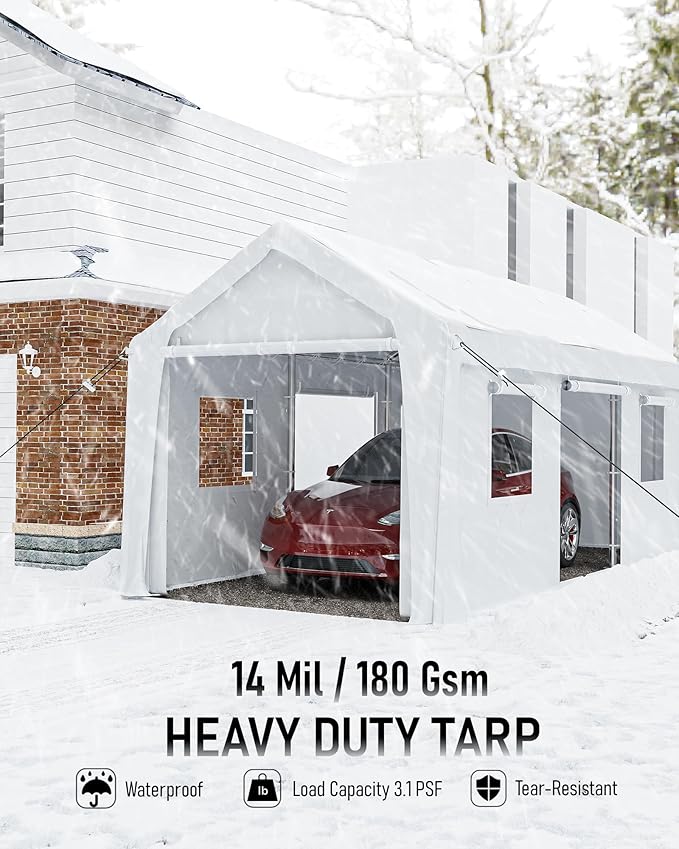 10 x 20 Ft Heavy-Duty Carport, Portable Garage, 180g PE Waterproof Canopy and 8 x 1.0 mm Poles for Full-Size Pickup Trucks, Boats, and SUVs - White