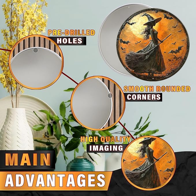 PEACHGARDEN Round 2D Halloween Witch Vintage Sign Halloween Witch Broom Metal Tin Sign for Home Bar Kitchen Hotel Dining Room Coffee 8x8inch