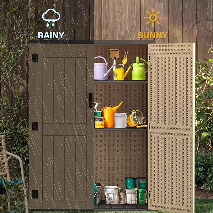 DWVO 59 Cu. Ft. Vertical Storage Shed, Weatherproof Outdoor Tall Cabinet with Double-Wall Panels and Floor, Lockable Resin Shed for Garden, Garage, Patio,Brown (Shelves Not Included)
