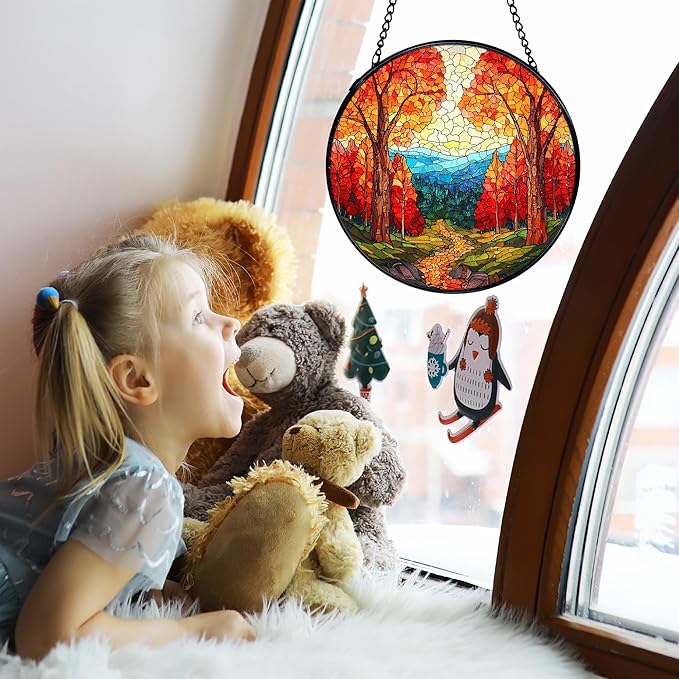 TNUW Fall Forest Stained Glass Window Hanging, Rustic Autumn Landscape Sun Catchers Indoor Window Glass Round Wall Art Decor, Fall Autumn Wall Hanging Decorations, 7.9＂x7.9＂