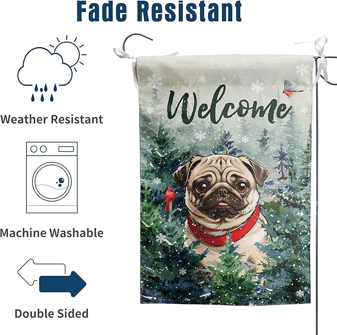 Welcome Winter Garden Flags Pug Garden Flag Cardinal Birds on Snowy Pine Tree Flag Dog Yard Flags for Outside 12x18 Double Sided Christmas Decorative Lawn Flags