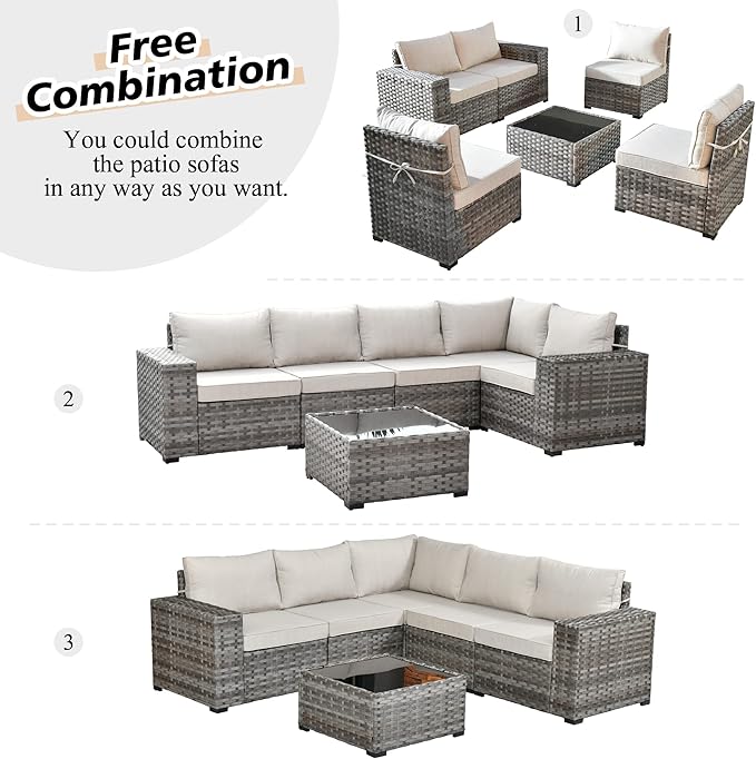 HOOOWOOO Modular Patio Outdoor Sectional Furniture Set,6 Piece Wicker Conversation Sofa Set,Out Door Couch Set with Wide Arm for Outside All Weather(Beige)