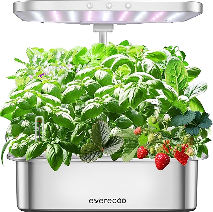 Stainless Steel Hydroponics Growing System kit Indoor Garden: Smart Indoor Herb Garden with Grow Light,15 Pods Plant Germination Kit,6L Water Tank with Quiet Pump,for Vegetables, Herbs and Flowers