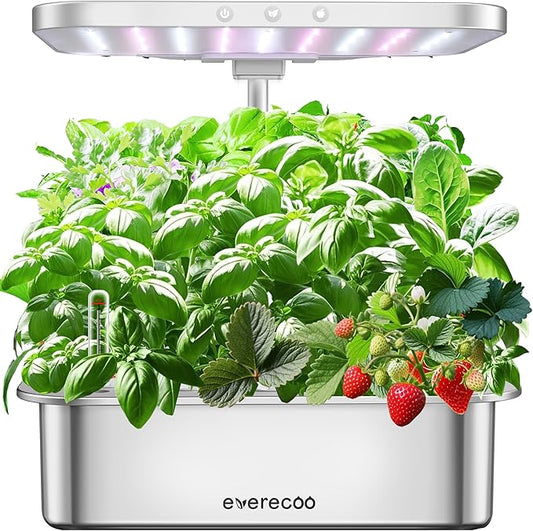 Stainless Steel Hydroponics Growing System kit Indoor Garden: Smart Indoor Herb Garden with Grow Light,15 Pods Plant Germination Kit,6L Water Tank with Quiet Pump,for Vegetables, Herbs and Flowers