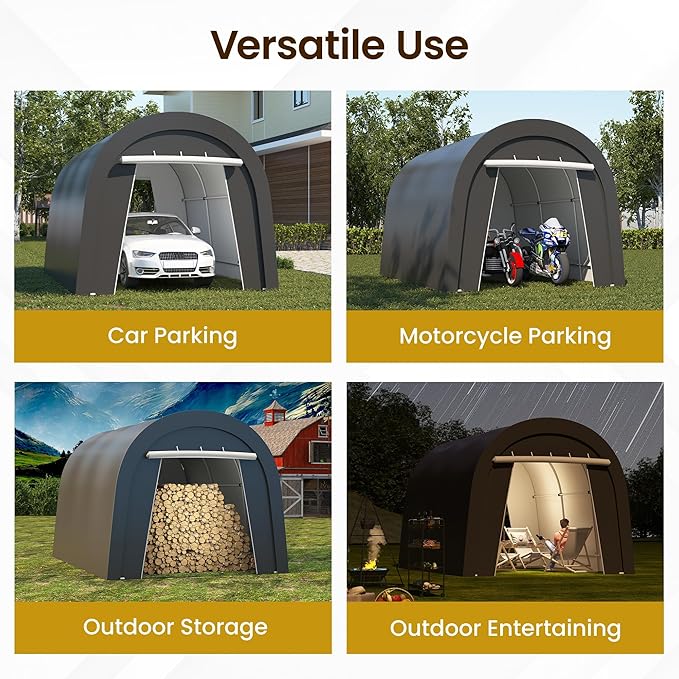 Carport, 10'x15' Outdoor Round Portable Garage with 2 Roll up Doors, Heavy Duty Storage Shelter Car Canopy Party Tent, Dark Gray