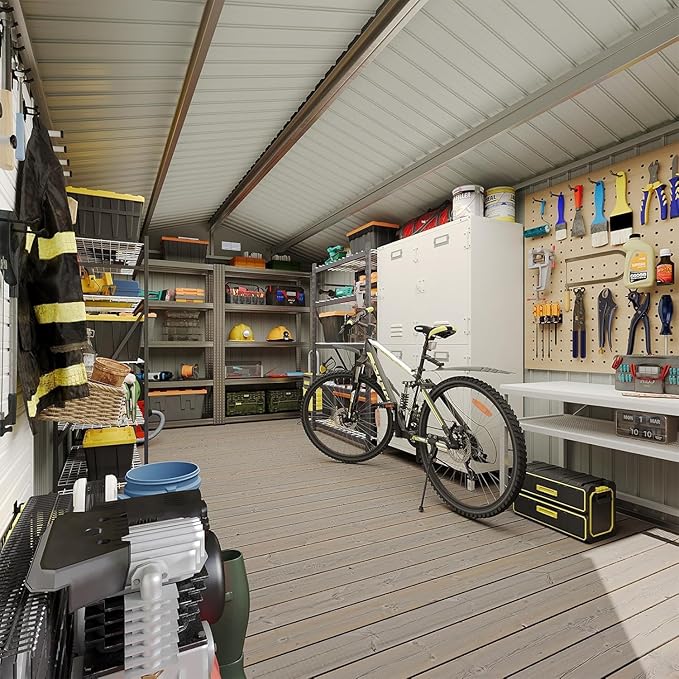 Aoxun 10'x12' Outdoor Metal Storage Shed with Lockable Door & Sloping Roof- Ideal for Tools, Garden Equipment & Bikes, Perfect for Patio Placement(Brown)