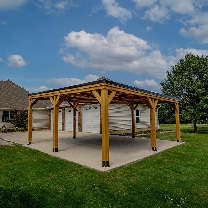 Backyard Discovery Kingsport 20' x 20' Cedar Wood Outdoor Carport Garage with Heavy-Duty Galvanized Steel Slope Roof, Snow Support, Wind Resistance, PowerPort, Shelter to Protect Cars, Boats, Trucks