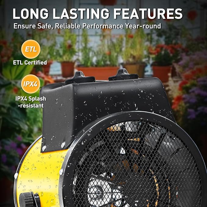 Portable Greenhouse Heater with Digital Thermostat, Overheat Protection, 1500W Radiant Electric Heater for Indoor & Outdoor Use, Garage, Grow Tent, RV, IPX4 Water Resistant, 1 Pack, Yellow