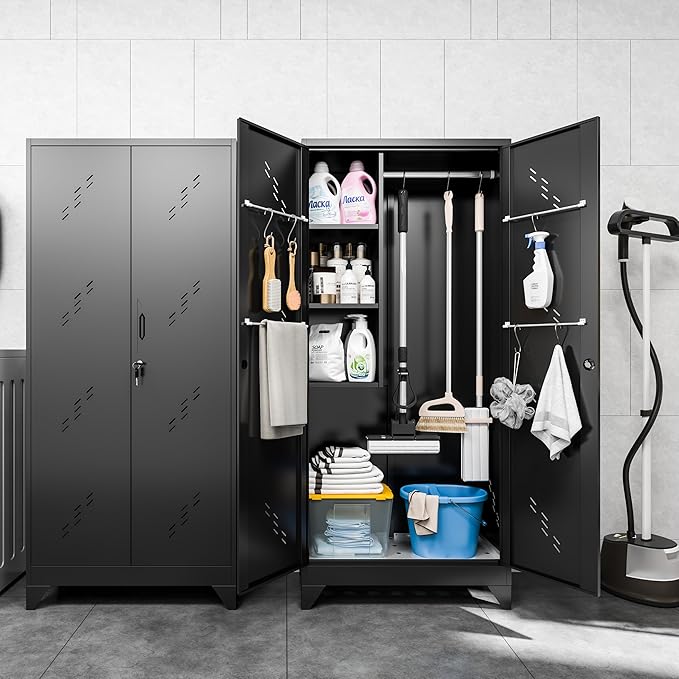 Metal Garage Storage Cabinet, 75” Cleaning Tool Cabinet with Hooks and Hanging Rods, Heavy Duty Garden Tool Organizer, Broom Cabinets for Home, Garage, Laundry Room, Gym, Workshop