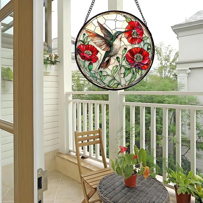 Stained Glass Window Hanging - Green Hummingbird Red Flower Suncatcher for Door Terrace Garden Home Decor Bird Landscape Sun Catcher Birthday Gifts for Lovers Women Men Dad Mom Nana 7.8 in