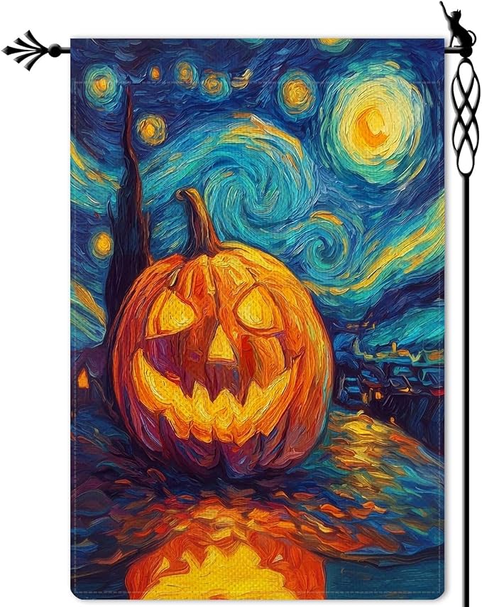 Starry Night Ghost Pumpkin Garden Flag Halloween Holiday Garden Flag Vertical Double Sided Rustic Farmland Burlap Yard Lawn Outdoor Decor 12.5x18"