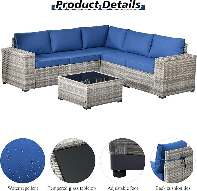 HOOOWOOO Modular Patio Outdoor Sectional Furniture Set,6 Piece Wicker Conversation Sofa Set,Out Door Couch Set with Wide Arm for Outside All Weather(Navy Blue)