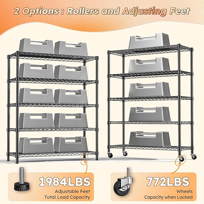 REIBII 1984LBS Storage Shelves with Wheels 75.2"H Wire Shelving Unit, Metal Shelving with Wheels & Feet, 5 Tier Adjustable Metal Dorm Storage Shelves for Pantry Kitchen Garage, 75.2"H x 35.5"W x 16"D