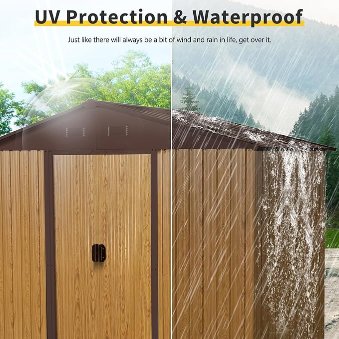 Outdoor Storage Shed, 8x4ft Metal Storage Shed with Vents and Metal Foundation, Lockable Sliding Door, All Weather Tilted Roof Tool Shed for Backyard, Patio, Lawn, Coffee