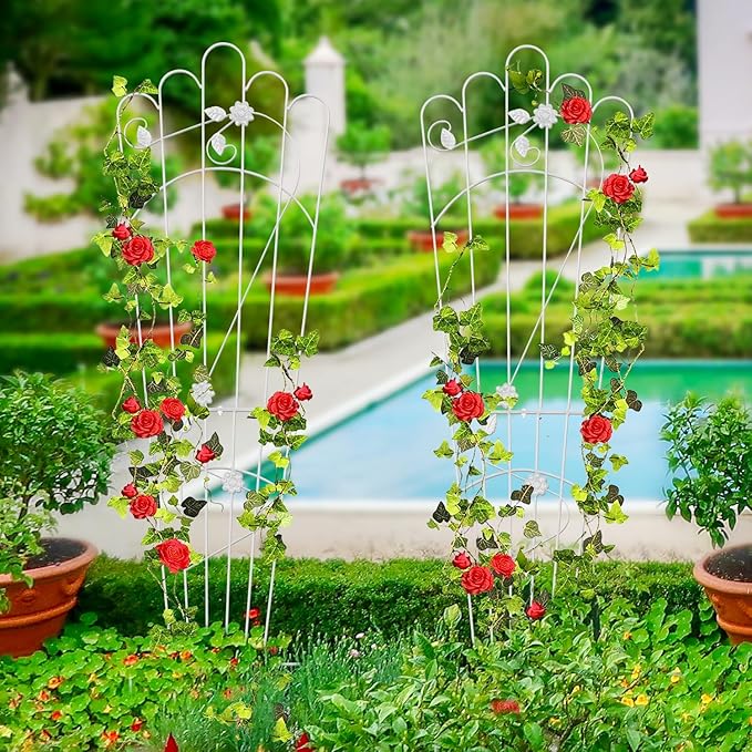 Metal Trapezoidal Garden Trellis for Indoor Plants, Patio Trellis for Climbing Plants Outdoor, 60-inch Sturdy Removable Plant Stand for Roses, Vegetables, and Flowers in Garden, 4 Pack-White