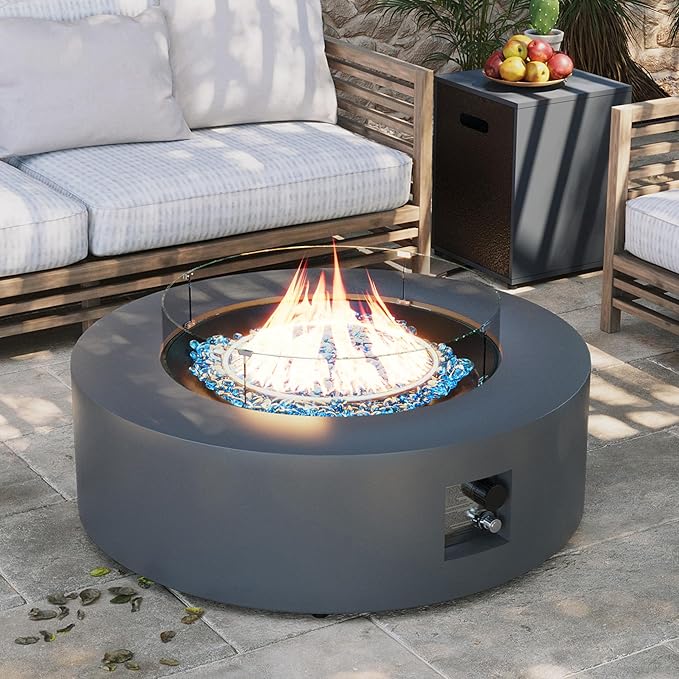 UPHA 42-inch Outdoor Propane Gas Fire Pit Table 50000 BTU Iron Round Firepit for Outside Patio with Tank Hidden Table, Wind Guard, Removable Lid, Blue Glass Rocks, Rain Cover, Dark Grey