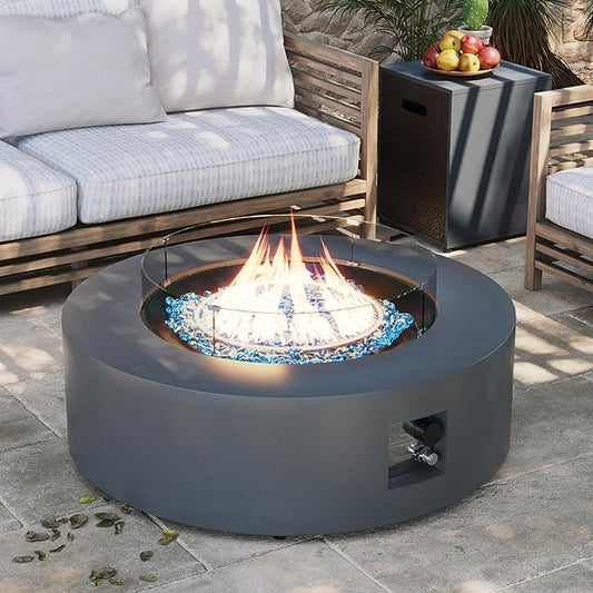 UPHA 42-inch Outdoor Propane Gas Fire Pit Table 50000 BTU Iron Round Firepit for Outside Patio with Tank Hidden Table, Wind Guard, Removable Lid, Blue Glass Rocks, Rain Cover, Dark Grey