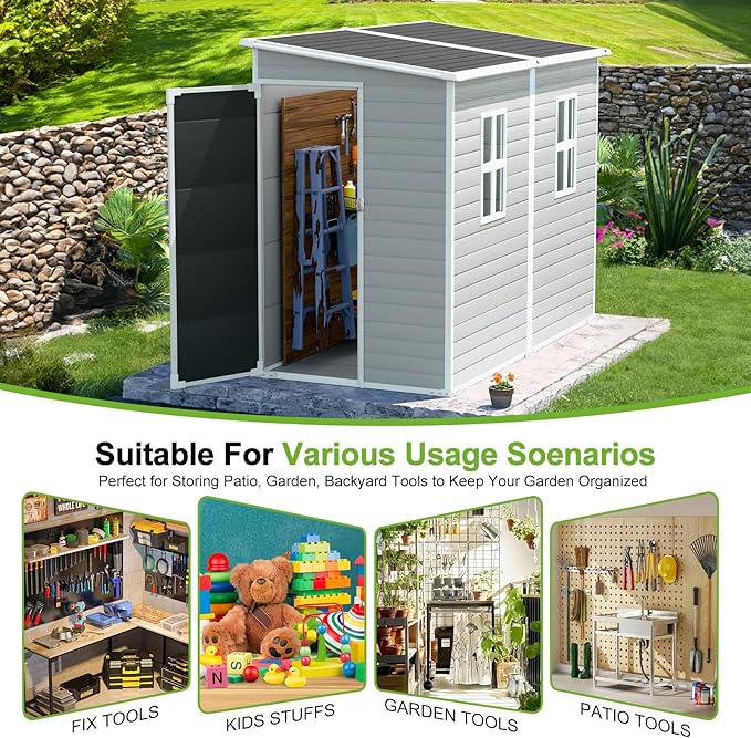 4x8 FT Lean-to Resin Shed with Floor Included, Waterproof Plastic Storage Cabinet, Garden Tool Shed for Outdoor Wall