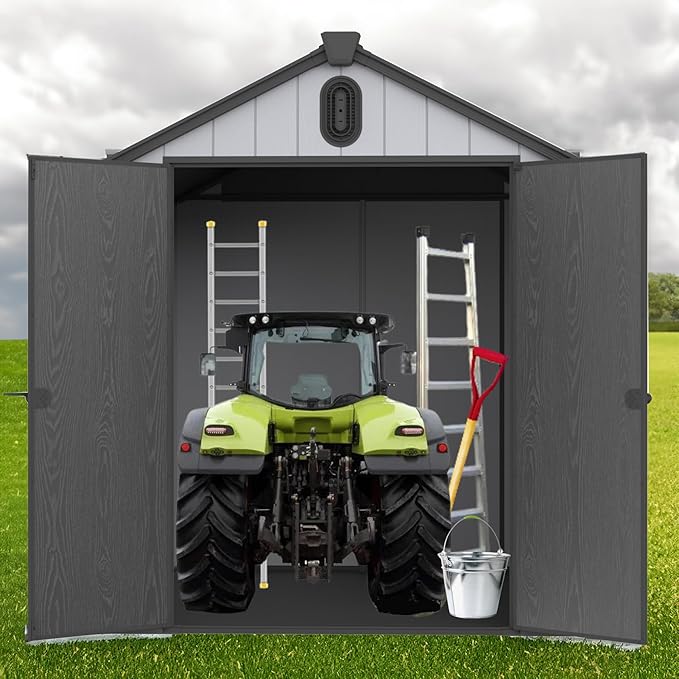 6x8 FT Outdoor Storage Shed with Hinge Door,Window & Air Vent,Outdoor Plastic Tool House W/Waterproof Tilted Roof,Heavy Duty Stroage Unit for Backyard,Patio,Lawn,Garden,Grey+Black