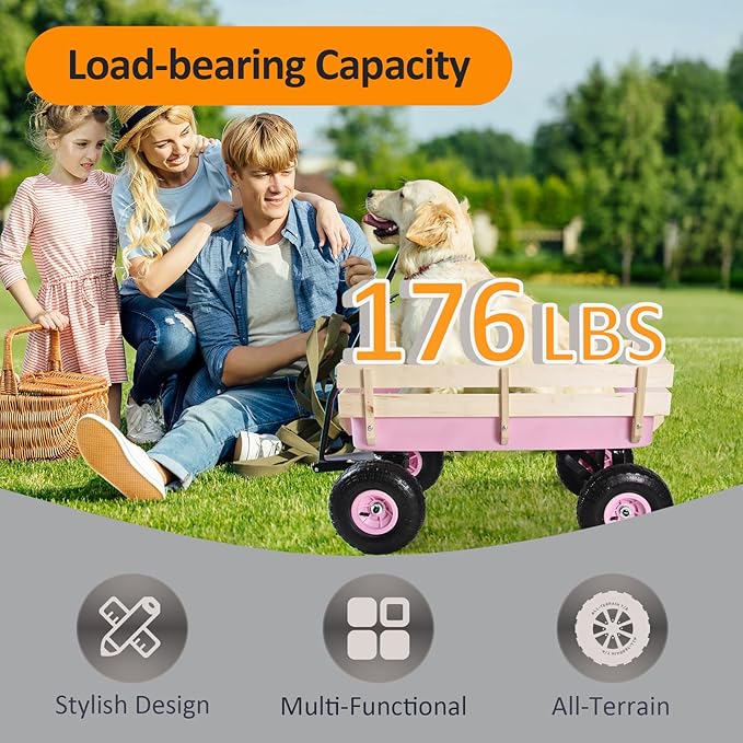 176 lb Kids Wagon Cart, 85L Large Capacity Durable Outdoor Tool Cart, Heavy Duty Cargo Wagon, Steel and Wooden Side with 10 Inch Inflatable Wheels, for Kids, Toys, Sport, Shopping (Pink)