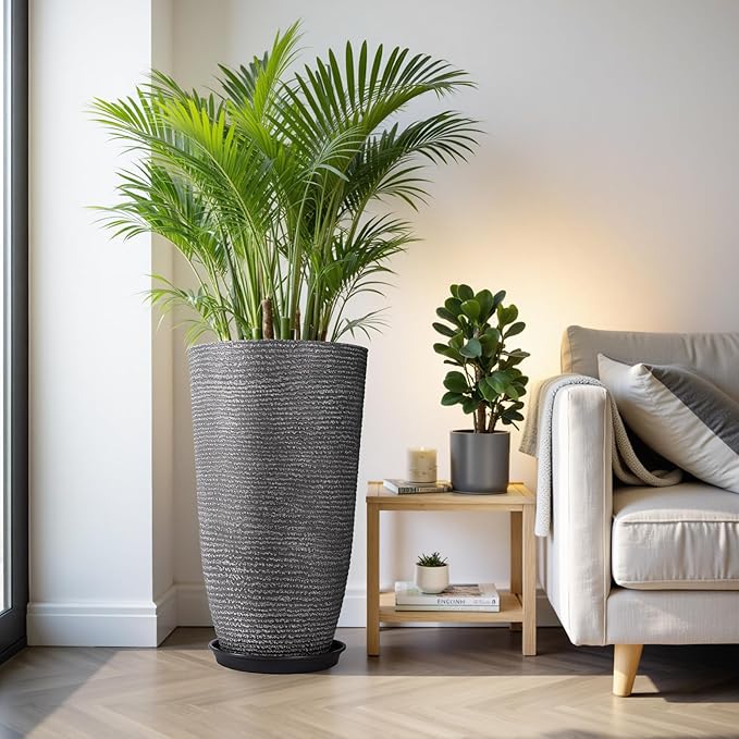 QCQHDU Large Tall Dark Gray Planters Set of 2-9 Gallon 12" Round Outdoor Planters for Front Door & Patio, Faux Stone Indoor Plant Pots with Tray, Porch Decor Plant Containers