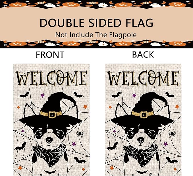 Halloween Garden Flag Chihuahua Cobweb Bats Double Sided Vertical Welcome Flag Seasonal Holiday Outdoor Yard Lawn Party Decorations 12.5 x 18 Inch
