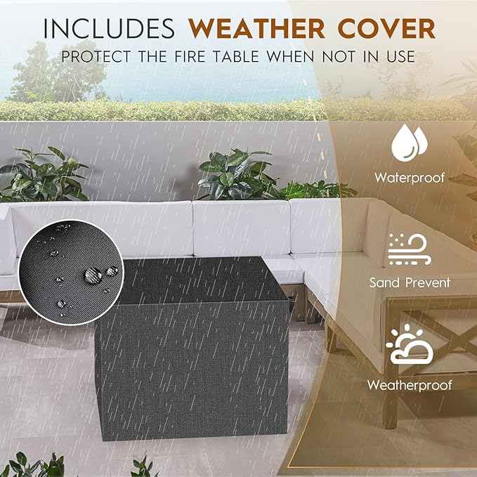 32 Inch Outdoor Fire Pit Table, 50,000 BTU Square Propane Fire Pit with Lid, Lava Rocks, Weatherproof Cover, Alloy Steel Gas Firepit Table for Outside Patio, CSA Certified, Gray