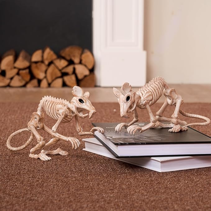 JOYIN 2 PCS Rats Skeleton Halloween Decoration 11 Inch Long Small Animal Skeleton Plastic Mouse Bones for Yard Garden Lawn Patio Graveyard Haunted House Halloween Party Favors Decor