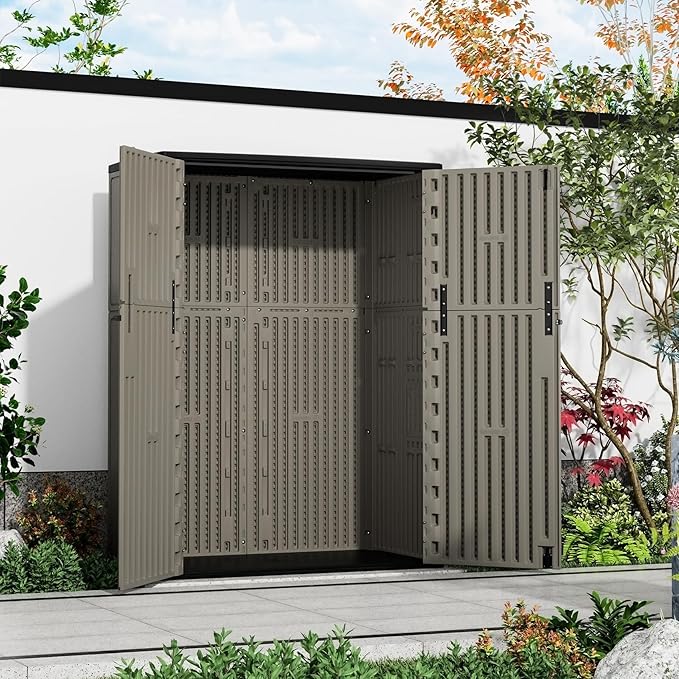 HOMSPARK 47 Cu.Ft Outdoor Storage Shed Weather Resistant, Multi Functional | Double-Wall Resin Storage Sheds & Outdoor Storage Box Waterproof for Backyard Garden Patio Lawn (Brown)