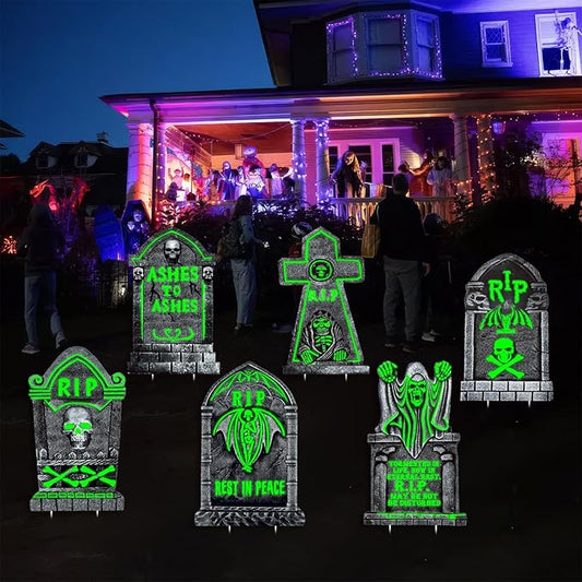 6Pcs Large Halloween Tombstones Yard Sign Graveyard Decor, 25"x16" Glowing Cemetery Props, Light Up Tombstones for Outdoor Halloween Displays, Reusable Weatherproof Gravestones for Grave Decorations