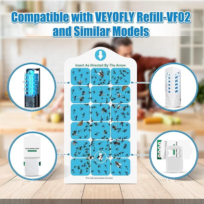 Qualirey 12 Pack Flying Insect Trap Refill Compatible with VEYOFLY Fly Trap LAMP Refill-VF02, Glue Board Bug Catcher, Replacement Sticky Glue Cards for Indoor Mosquito Gnat Fly & Other Bugs (Classic)