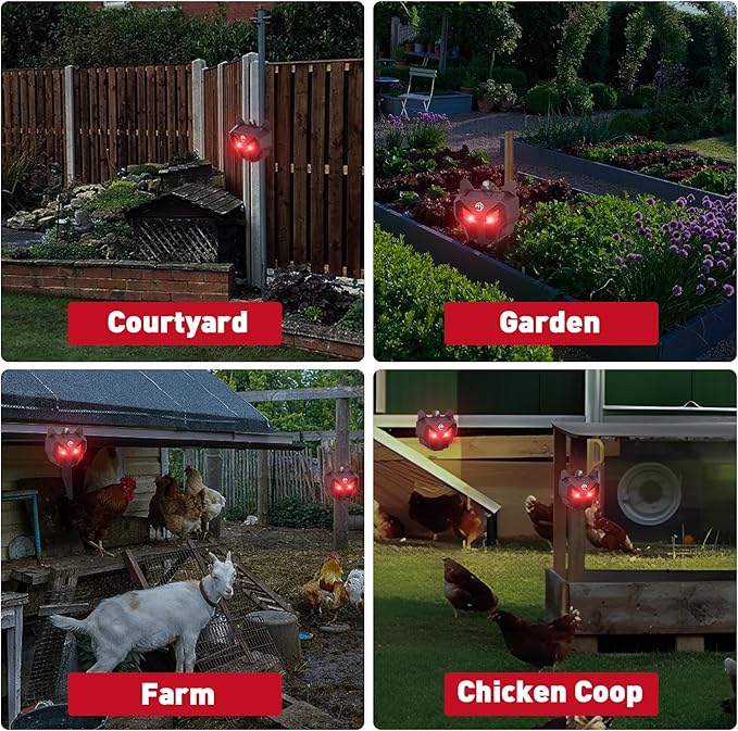 Solar Nocturnal Animal Repeller with Red LED Flashing Lights – Effective Coyote, Raccoon, Skunk, Deer & Hawk Deterrent – Waterproof Predator Lights for Yards, Gardens & Chicken Coops
