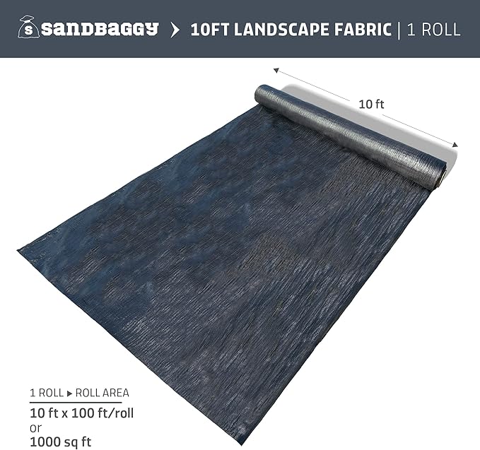 Sandbaggy 10 ft x 100 ft Landscape Fabric | 40 Year Fabric | for Weed Barrier, Ground Cover, Garden | Industrial Grade | 135 Lbs of Tensile | UV Protected | DOT Approved (1 Roll - 10 ft x 100 ft)