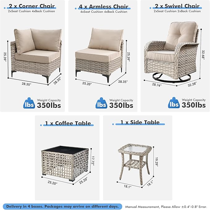 Outdoor Sectional Patio Furniture Set with Swivel Rocking Chairs,10 Pieces Wicker Conversation Sets L Shaped Couch Out Door Sofa Set Outside Furniture for Garden Deck Yard Porch,Beige