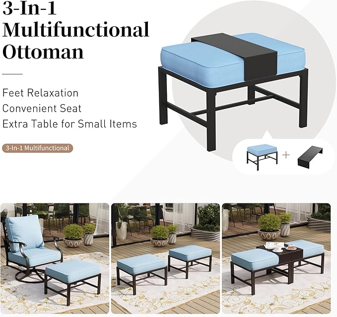 6 Piece Metal Outdoor Patio Furniture Set, Patio Conversation Sets 1 3-seater Sofa, 2 Fixed Chairs, 2 Ottomans with 5.75" Thick Cushion and Coffee Table, Black Backyard Furniture, Blue
