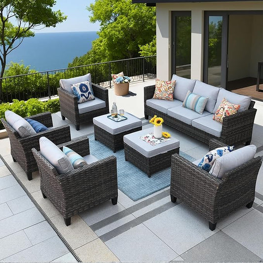 ovios Patio Furniture Set, 7 Pieces Outdoor Wicker Sofa Couch with 4 Chairs, Ottomans and Comfy Cushions, All Weather High Back Rattan Conversation Set, Grey