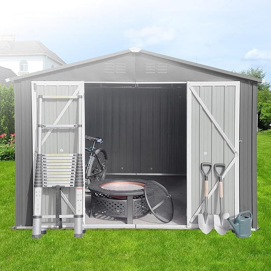 12x10FT Heavy-Duty Metal Storage Shed, Extra-Large Outdoor Shed with Apex Roof, Steel Vents & Hinged Door, Includes Free Padlock for Secure Tool & Equipment Storage (Easy Assembly)