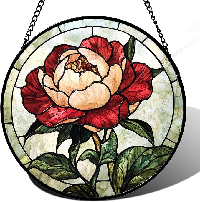 Stained Glass Window Hanging - Peony Suncatcher for Door Garden Home Decor Pink Birth Flower Sun Catcher Christmas Birthday for Friend Lovers Women Mom Nana 15 in