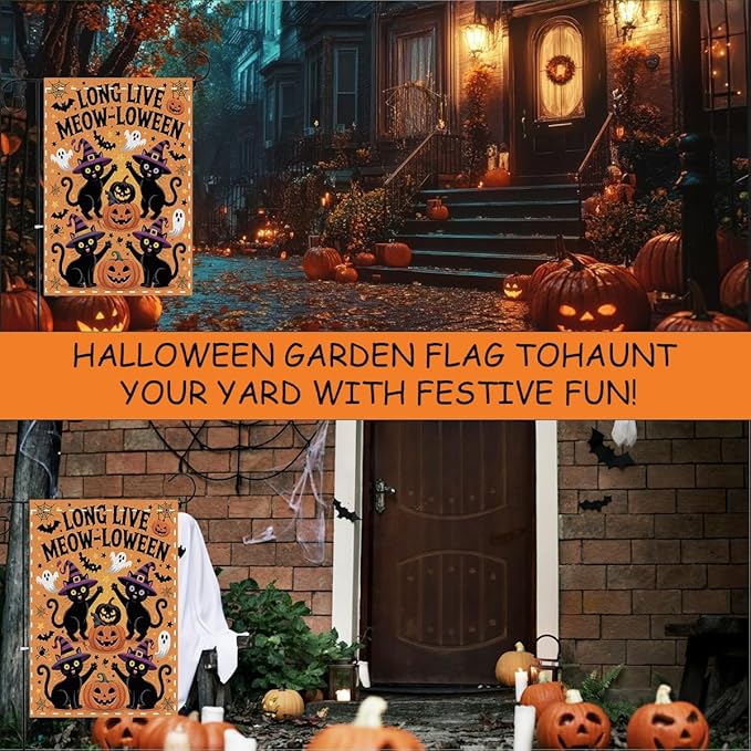 Fokongna Funny Halloween Decor Black Cat Garden Flag, Cute Halloween Long Live Meow-Loween Flag, Gift for Cat Lover 12x18 Inch Burlap Vertical Double Sided Flags, for Home Yard Outside Decorations